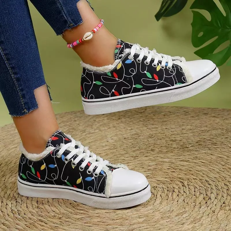 Women Fashion Canvas Casual Shoes Plus Size 43 Sneakers Woman Platform Cartoon Graffiti Sport Shoes Female Lace Up Tennis Shoes