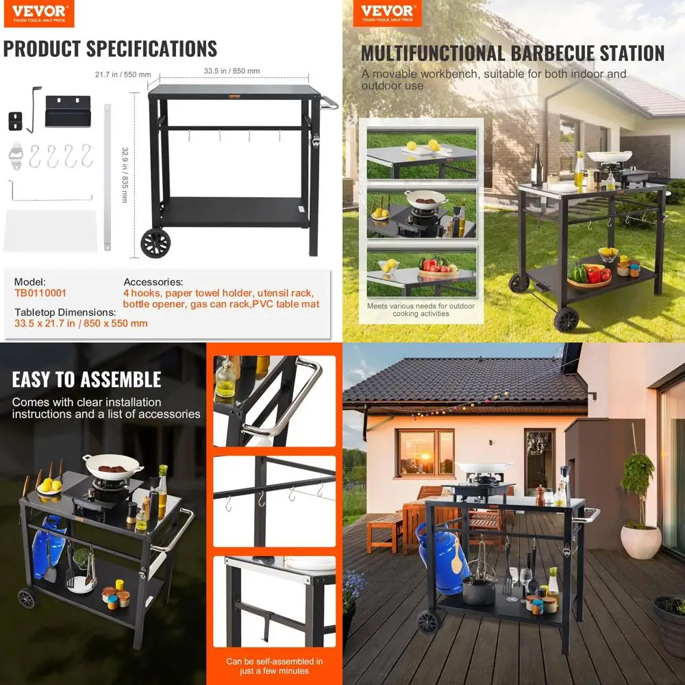 

Портативная тележка для барбекю с двойной полкой и ковриком из ПВХ, черной железной столешницей, колесами и ручкой для приготовления пищи на открытом воздухе