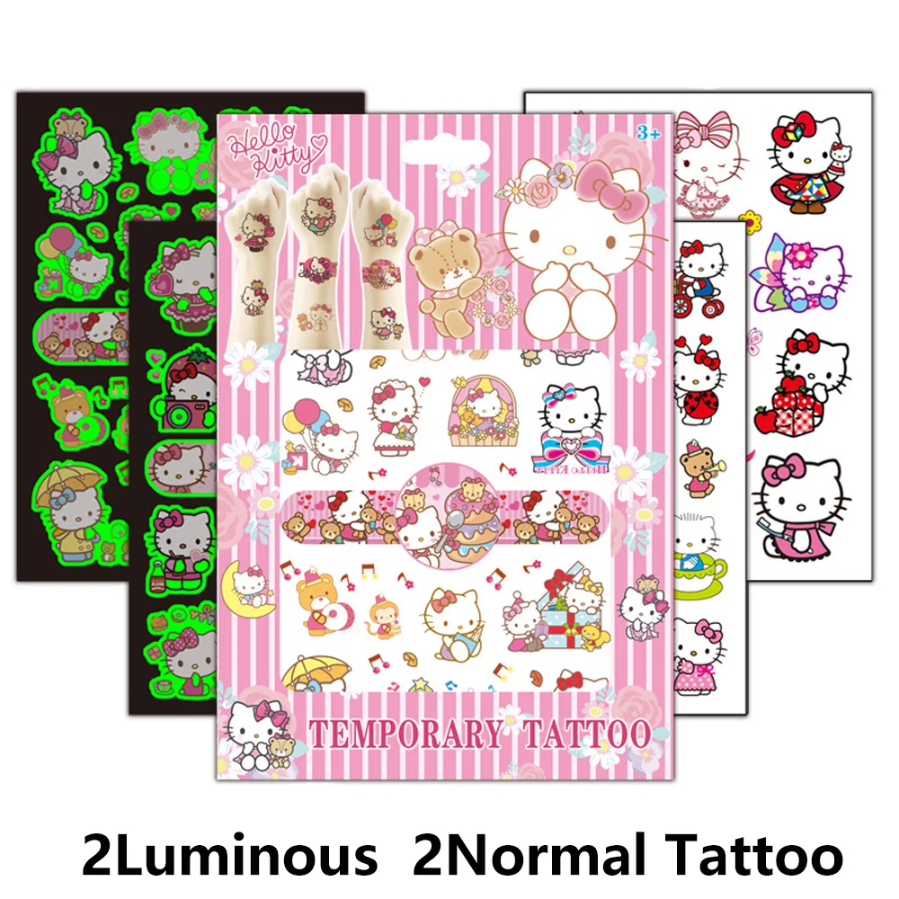 4sheets Luminous Sanrio Kawaii Hello Kitty Tattoo Stickers for Children Gift Party Body Cartoon Decal Sticker Temporary Tattoo