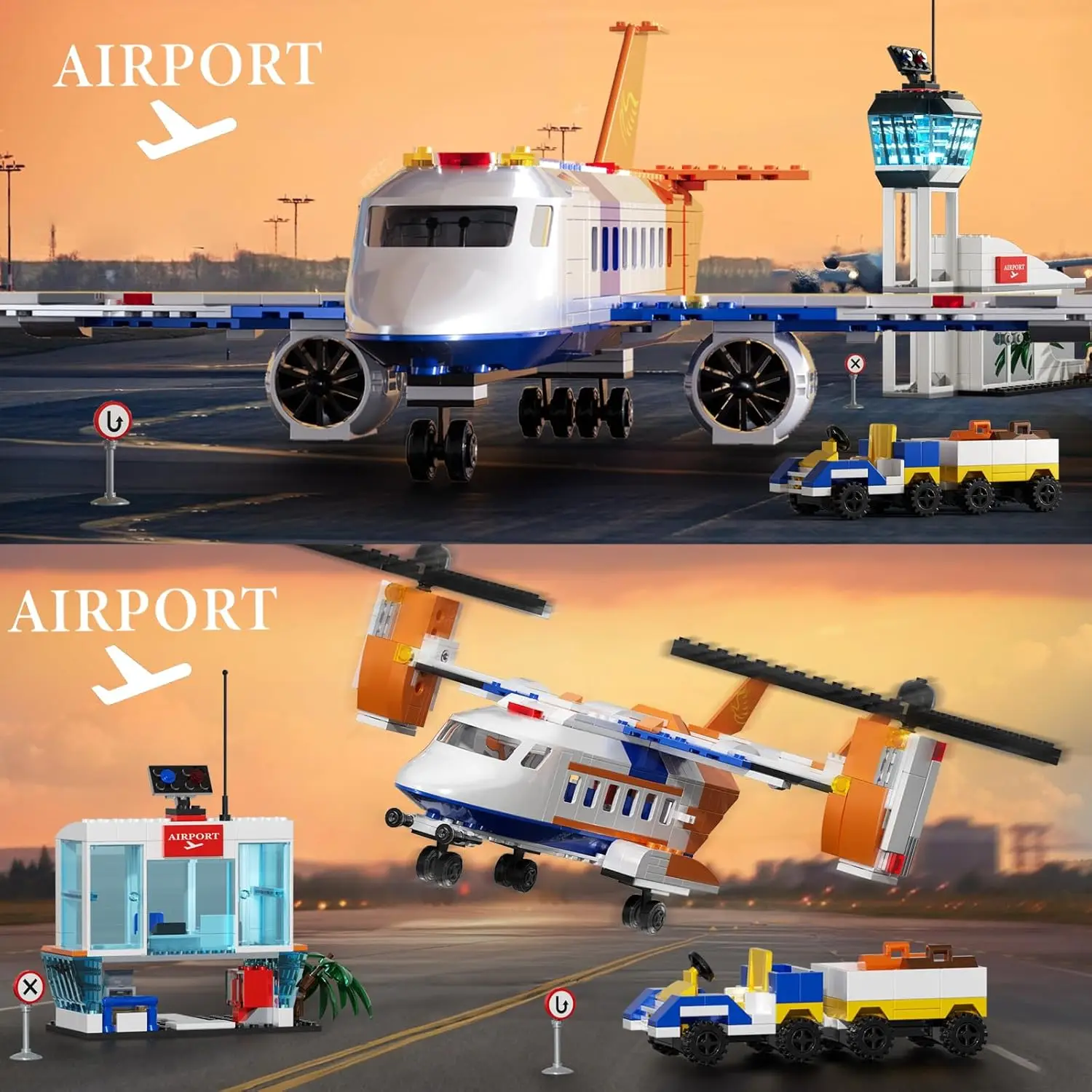 3-in-1 vliegtuigbouwstenen set transportvliegtuig helikopter passagiersvliegtuig bagageaanhangwagen bouwspeelgoed voor kinderen geschenken