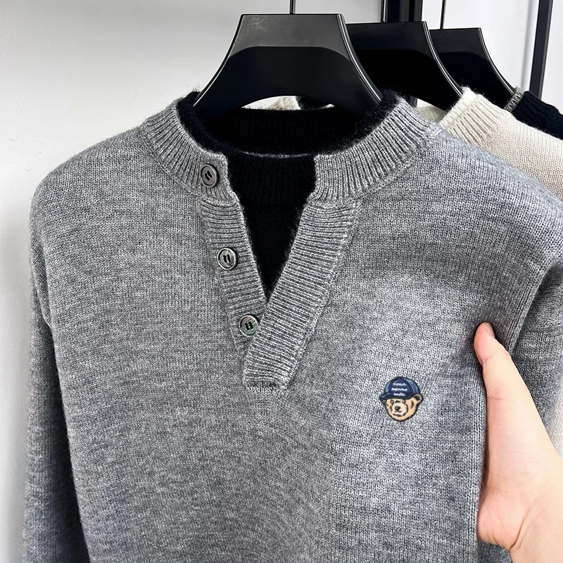 Korean-Style Leisure Men‘s Long-Sleeved Sweater Button Color Blocking False Two-Piece Embroidery Knitwear Fashion Men's Clothing