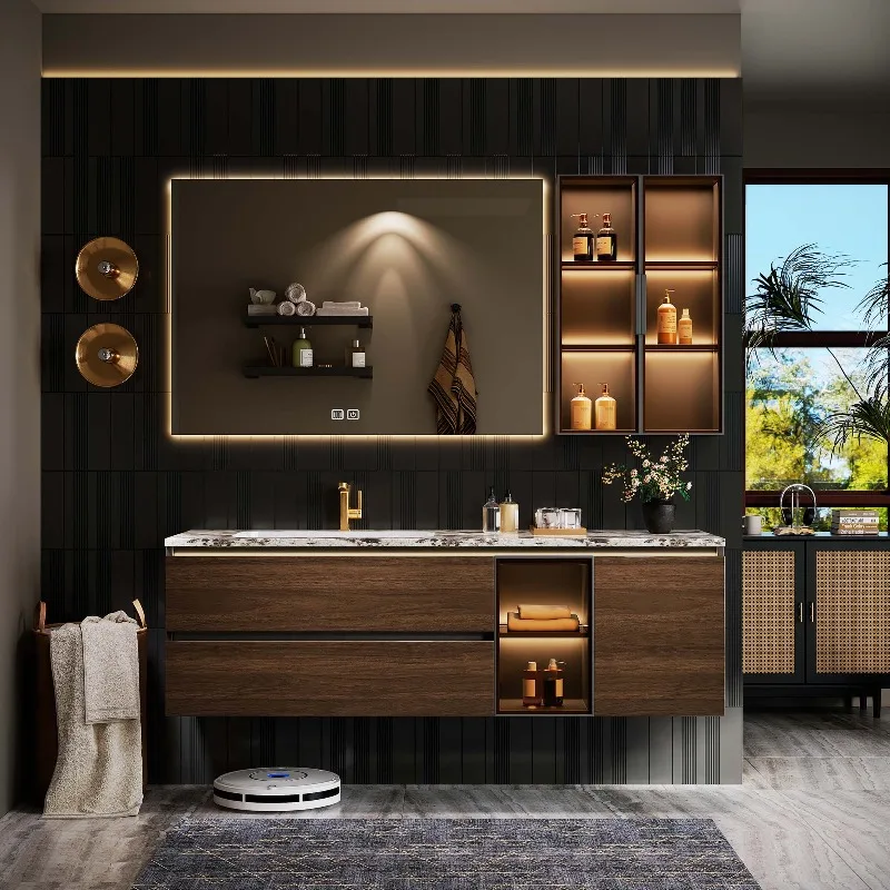 Luxury Classic Minimalist Solid Wood Floating Bathroom Vanity Cabinet With Sink Stone Top Smart LED Mirror Double Vanity Set