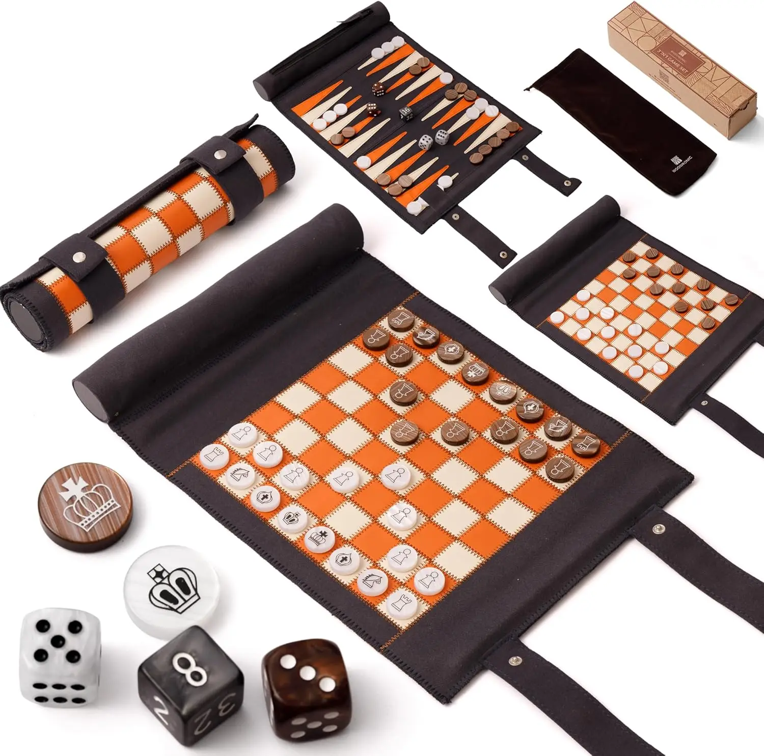 

3-in-1 Travel Chess Checkers Backgammon Set, Roll-up Leather Game with 32 Pearl Pieces & 5 Dice, Portable Strategy Board Game fo