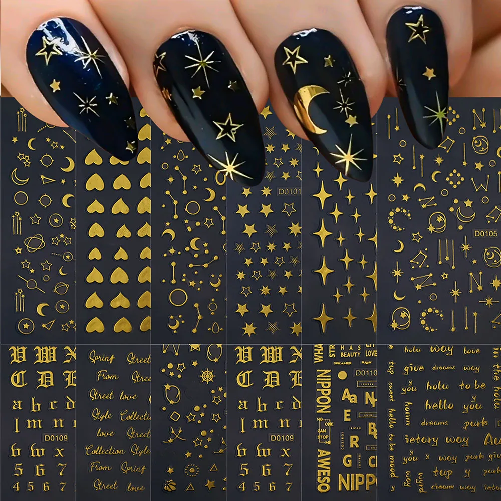 

12Pcs Y2K Star Moon Nail Sticker 3D Gold Silver Starlight Adhesive Decals DIY Heart/Alphabet/English Word Manicure Sliders
