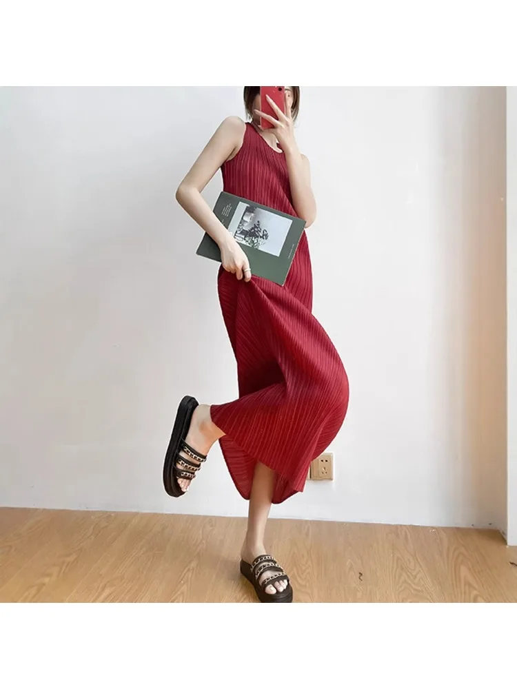 

Плиссированное платье Miyake, женское облегающее длинное платье, летнее универсальное платье-жилет, высококачественное платье средней длины без рукавов