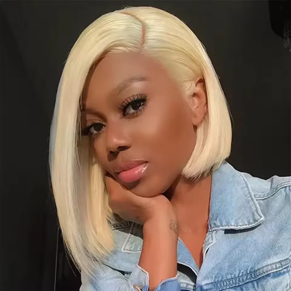 Honigblonde 613 Farbige Kurze Bob-Perücken 12 Zoll Knochenglatte Vorgezupfte 7x613x6 HD Lace Front Echthaar-Bob-Perücken für Frauen