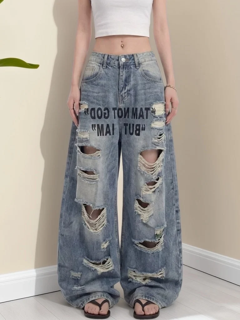 

Summer 2026 Women's Casual High Waist Wide Leg Jeans Ripped Hole Thin Lettering Street Style Loose Fit Breathable Denim Pants