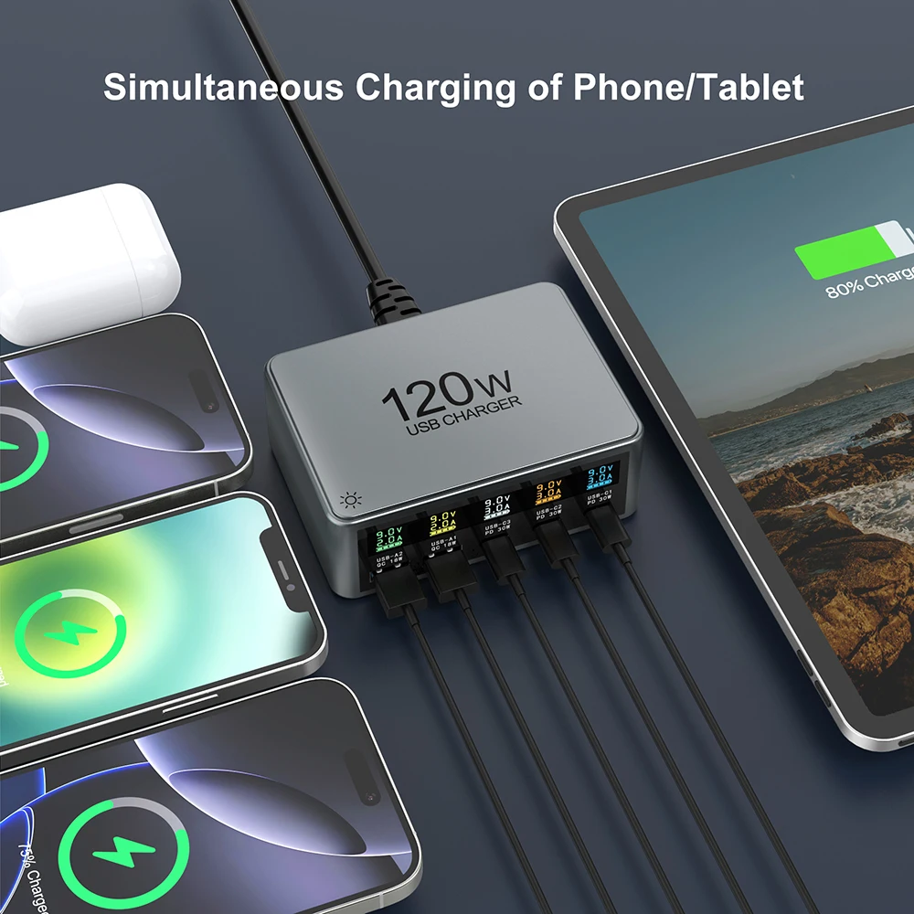 120W Desktop Fast Charging Station PD 30W USB Type C 5-Port Digital Display GaN Charger for iPhone Samsung Xiaomi Phone Tablets - náhled 6
