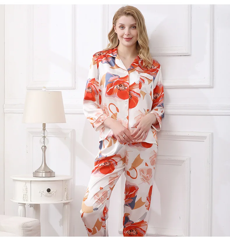 

NEW Summer 16mm 100%Silk Pajamas Set Women Silk Homewear Print Sleepwear High Quality Clothing