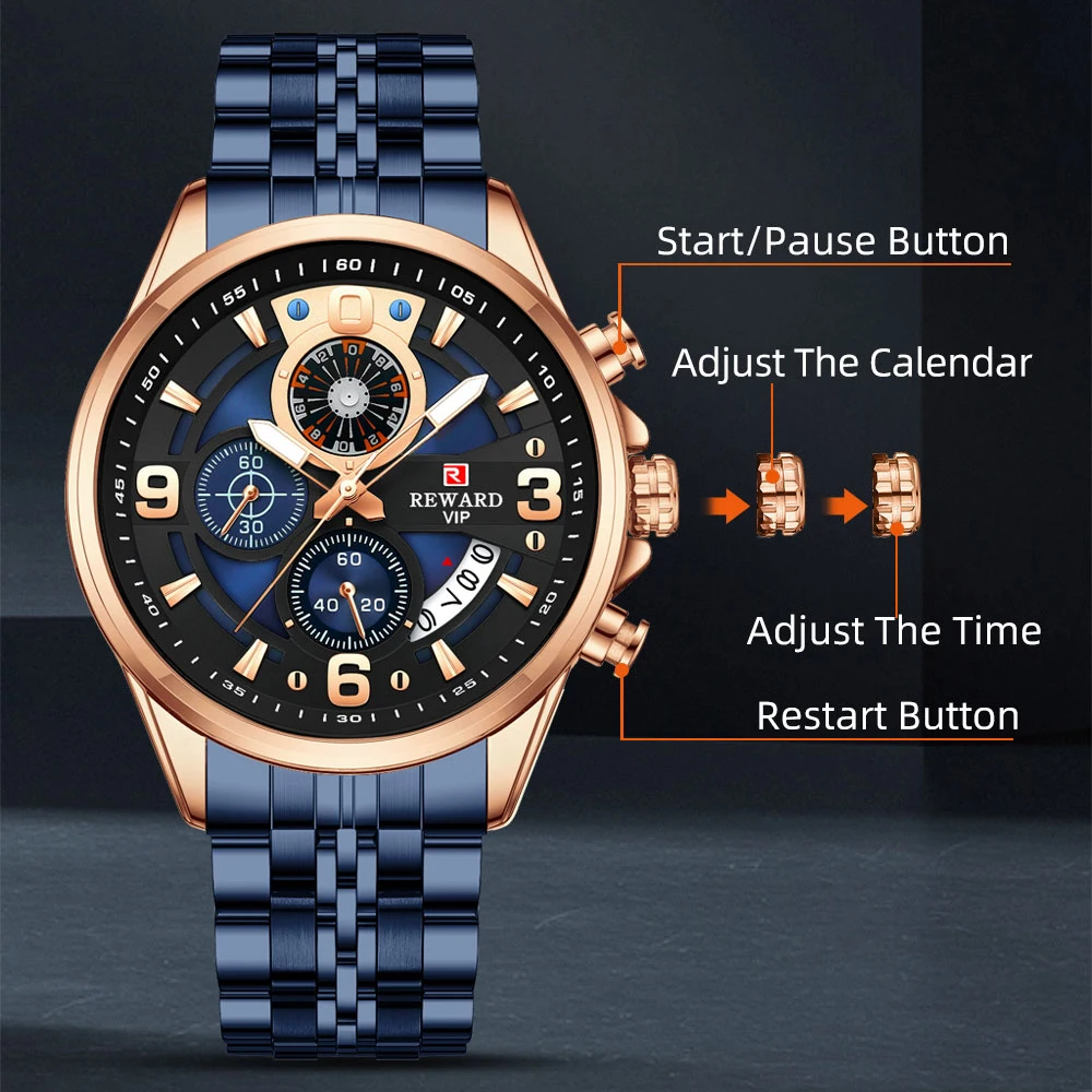 REWARD 81057M Luxury Steel Strip Quartz Men's Watch Waterproof Chronograph Luminous Calendar Watches for Men Relogios Masculino