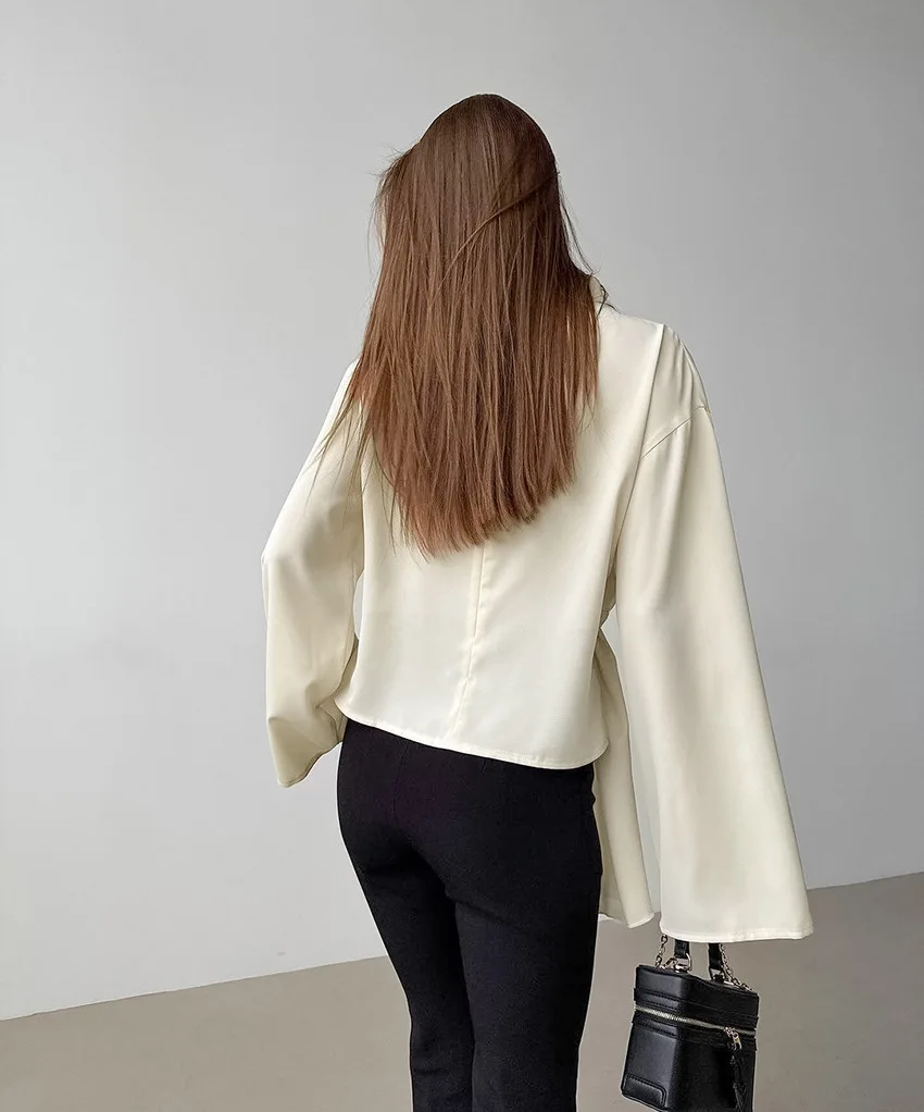 التنقل قميص أنيق الخصر جرس كم تصميم المرأة أعلى بسيط تنوعا أعلى الربيع والخريف الملابس النسائية الجديدة