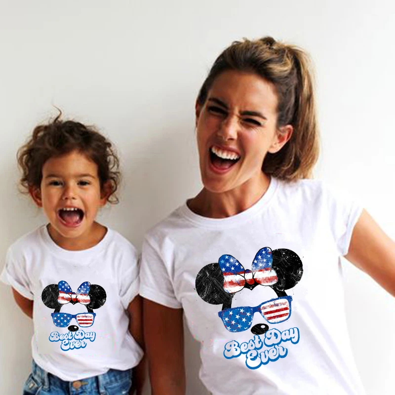 4th of July Disney Mickey Minnie Mouse Family Matching Outfits White Short Sleeve Best Day Ever Print Family Look Shirt Clothes