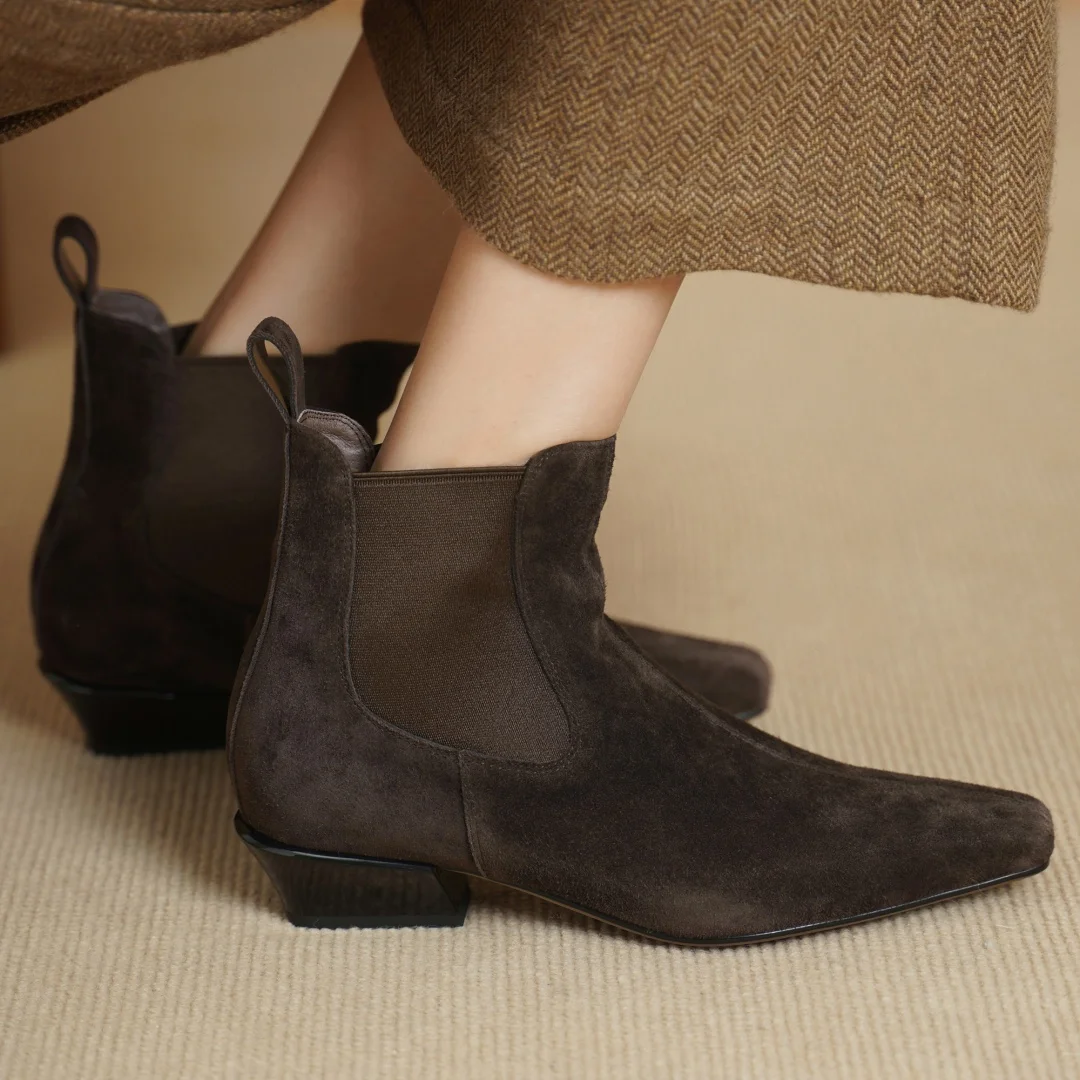 

Women's natural suede leather elastic fabric patchwork slip-on flat autumn ankle Chelsea boots 3.5cm thick low heel short boots