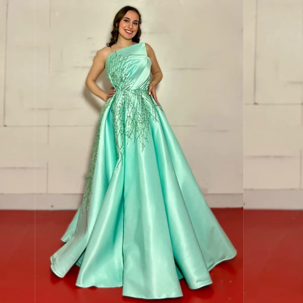 

Satin Pleat Sequined Celebrity A-line Strapless Bespoke Occasion Gown Long Dresses