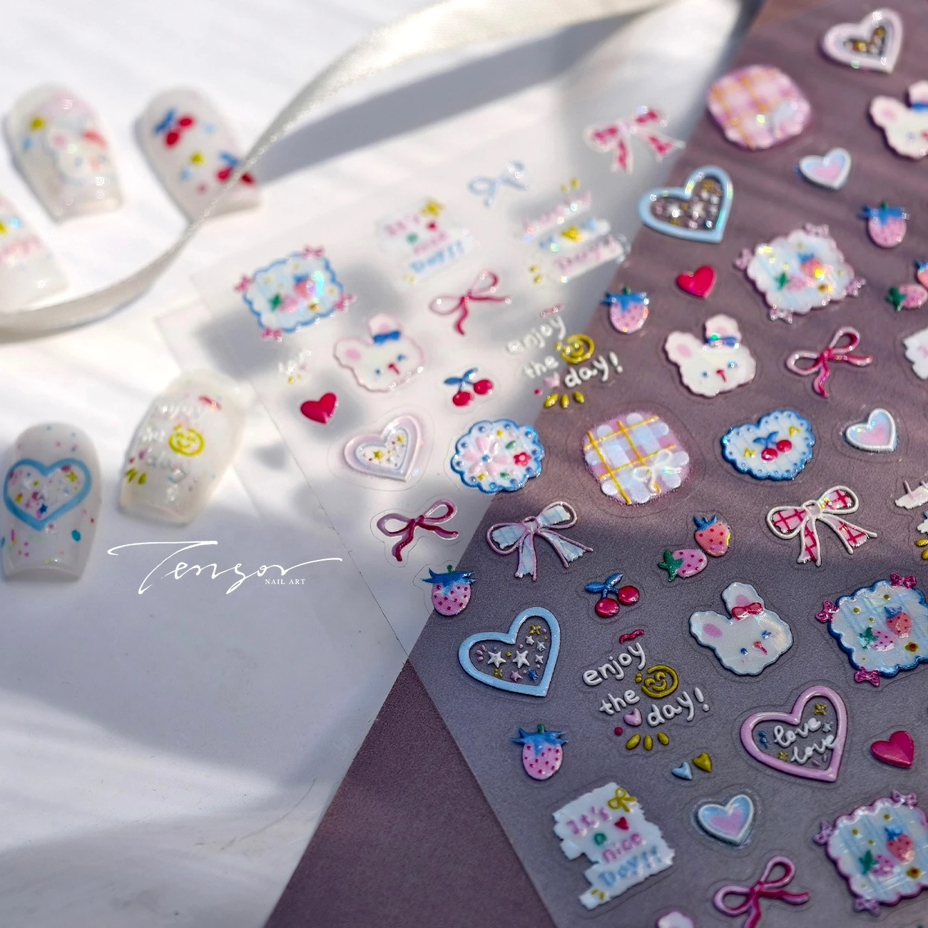 Kawaii lapin fraise lapin cerise dentelle nœud papillon ligne ceinture drôle fruits coeur auto-adhésif Nail Art autocollants manucure décalcomanies