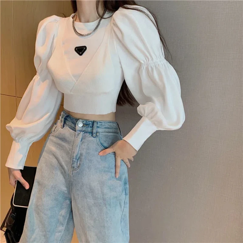 Elegant Stand Collar Solid Color Puff Sleeve Top Spring Autumn Fake Two Pieces Korean Folds Loose Spliced Women\'s Office Shirts