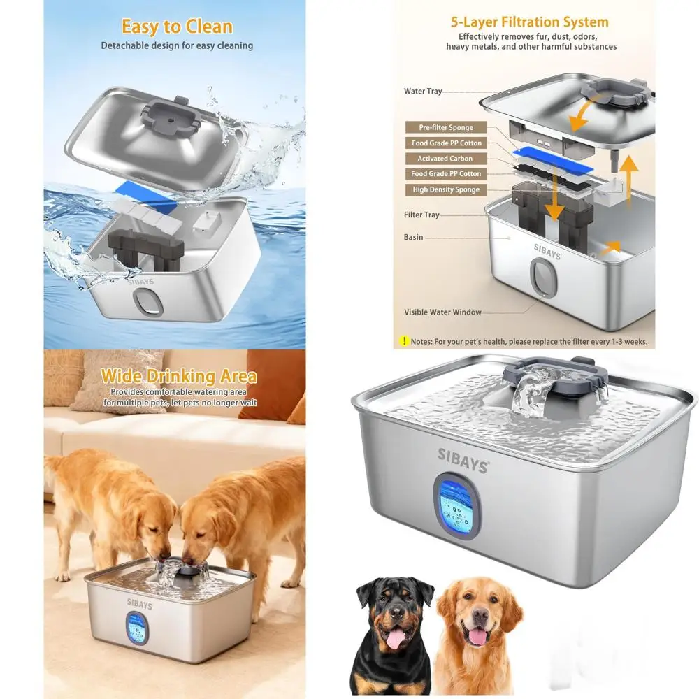 

Большой фонтан-поилка для собак, из нержавеющей стали, со светодиодной подсветкой и окном для контроля уровня воды, бесшумный автоматический диспенсер для крупных собак и нескольких питомцев