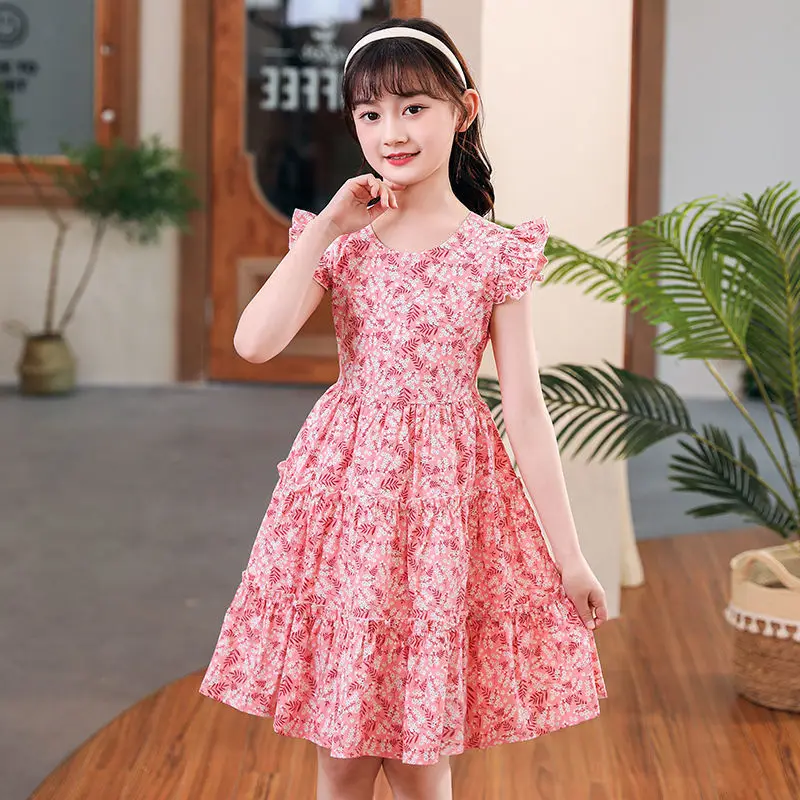 2023 teenager Summer baby Girls Flying Sleeve pink Dress floral Clothes lace Off Shoulder Pleated skirt 5 6 7 9 10 12 14 years