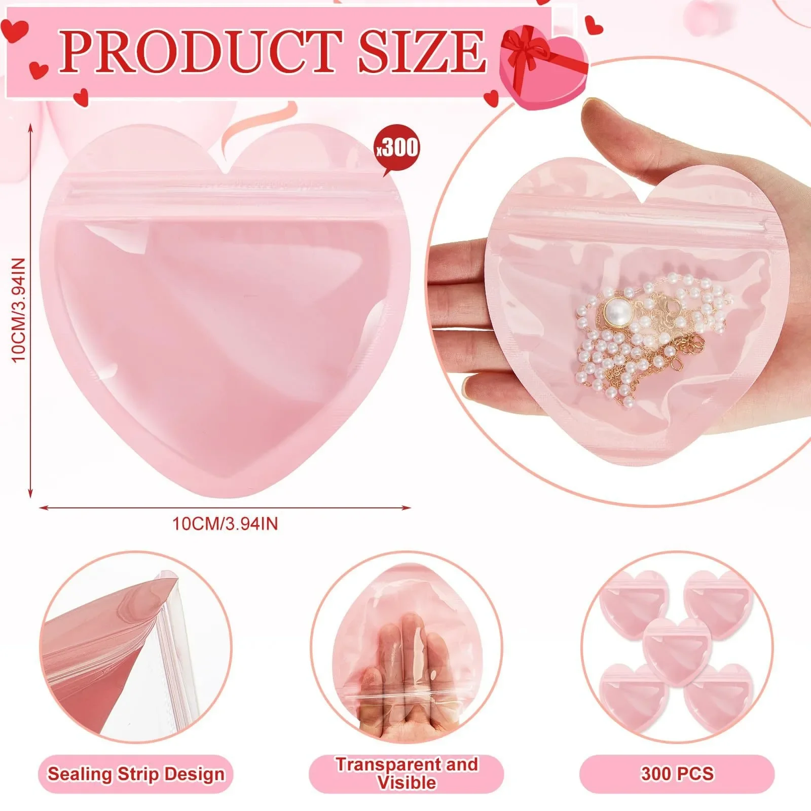 1-50pc Cute Love Shaped Self Sealing Bag Pink Valentine's Day Jewelry Gift Bag Bride To Be Wedding Small Accessory Packaging Bag