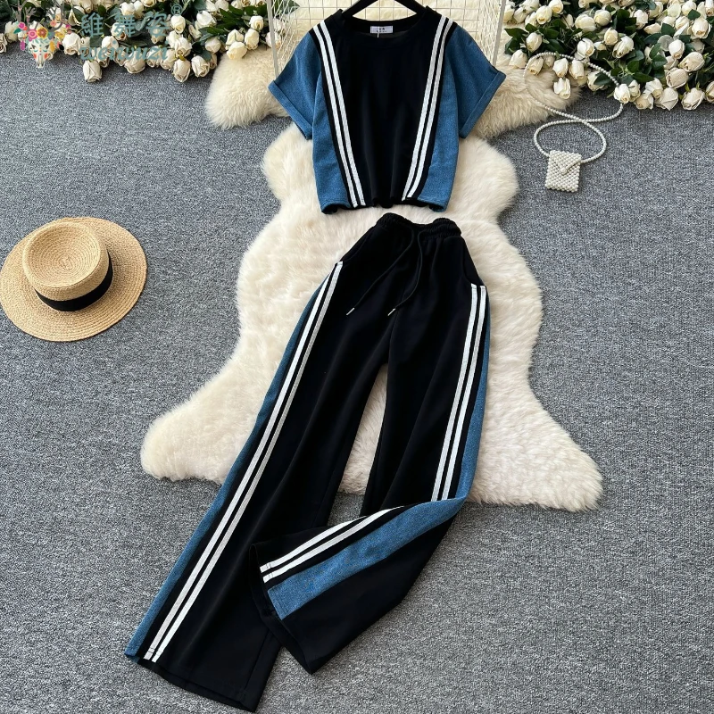 

Women's Denim Pants Sets Fashion Two Piece Stripe Tops+Wide Leg Jeans Summer Spliced Loose Streetwear All-match Women Casual Set