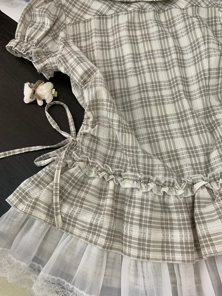 American Retro Style Puff Sleeve Doll Collar Plaid Y2k Shirt Women Summer Elegant Lace Trim Slim Tops Female Streetwear Blouses