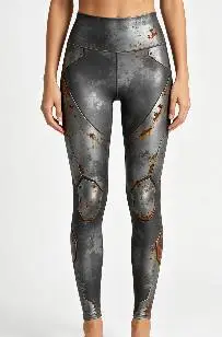 Women Mid‑Rise Fleece Lined Leggings, Metallic Armor Wolf Skull Chain Gothic Print Slim Stretch Pants - view 2