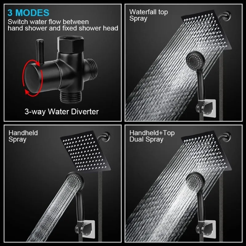 Shower Head, High Pressure 8'' Rainfall Stainless Steel Shower Head/Handheld Combo with 60'' Hose Anti-leak Shower Head