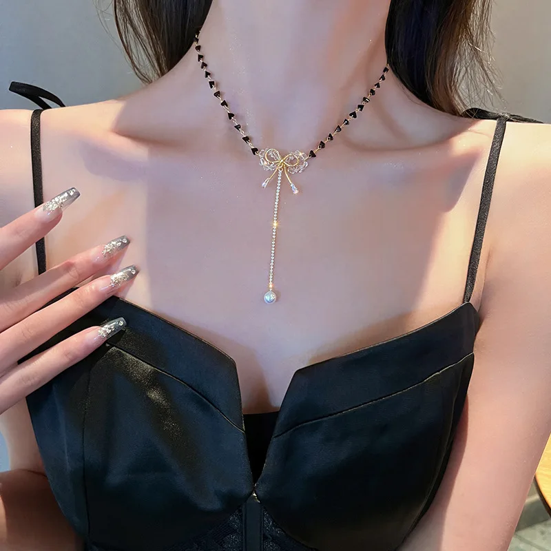 Koreański serce wisiorek z motylem Tassel naszyjniki dla kobiet 2023 nowy początkowy Rhinestone Pearl Choker Collar łańcuszek do obojczyka biżuteria