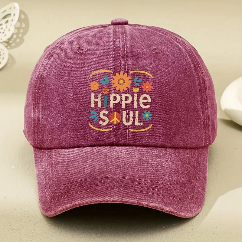 Vintage Hippie Soul Baseball Cap - Retro 60s/70s Inspired Floral & Peace Symbols (Sunflower, Peace Signs) - Adjustable Snapback