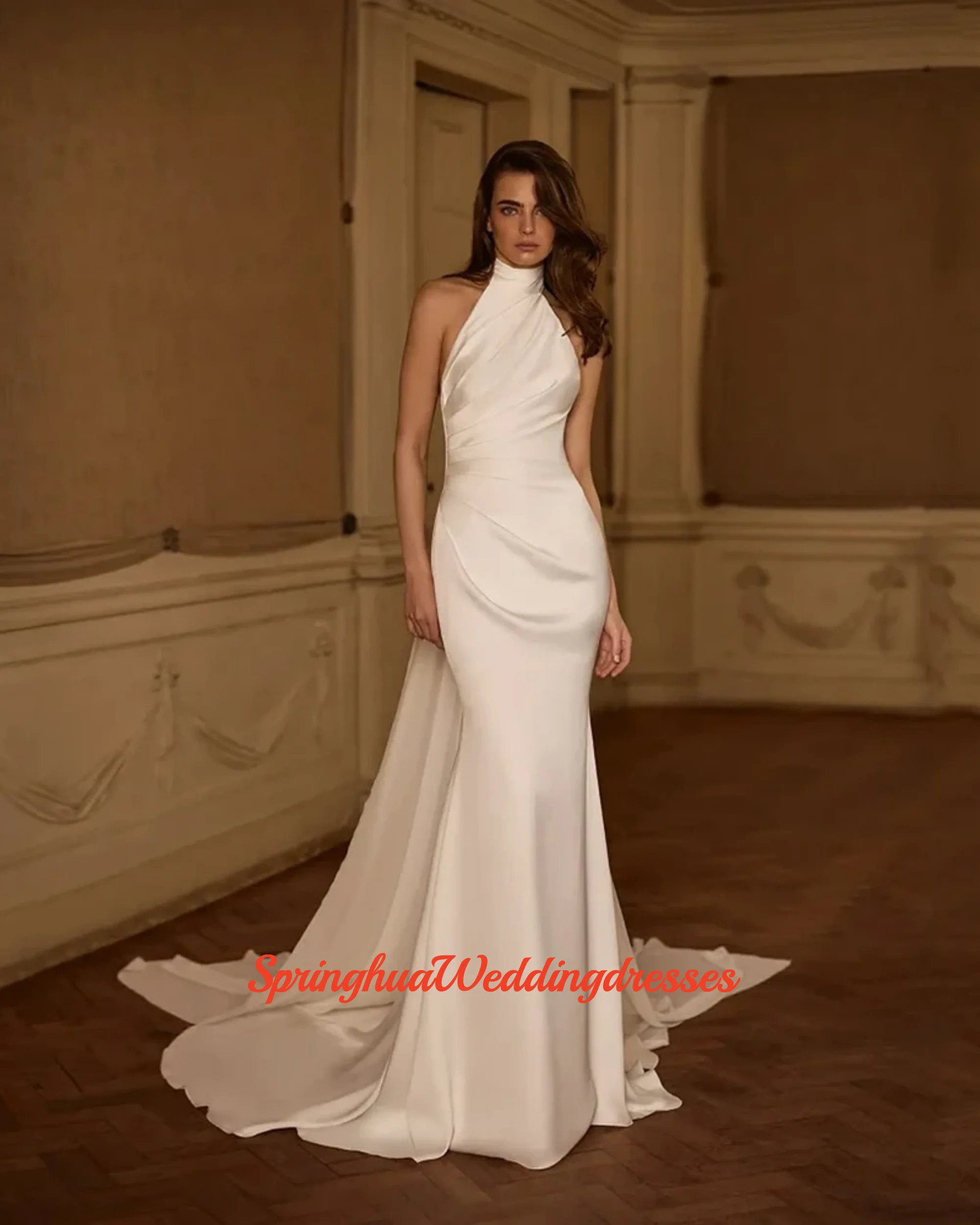 Customzied Vintage Mermaid Wedding Dresses Women Halter Backless Cape Long Bridal Dress Sexy Buttons  Wedding Party Gowns