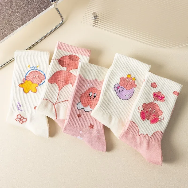 Kirby Cartoon Cute Print Breathable Sweat Wicking Socks Mid Cut Women's Socks Student Socks Casual Sports Socks Girl Gifts