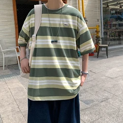 Cotton Summer Striped Print Men Short Sleeve O Neck Sweatshirt Loose All-match Harajuku Fashion Oversized T Shirt Streetwear Top