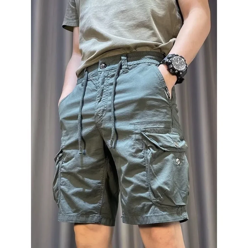 American Style Vintage Summer Men\'s Elastic Waist Drawstring Solid Pockets Zipper Trend Versatile Loose Cargo Knee Length Shorts