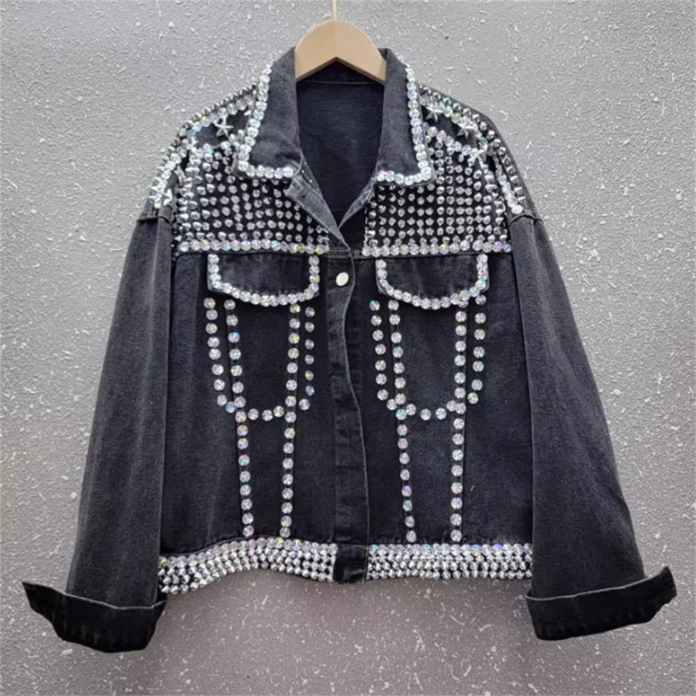 

Loose thin lapel Rivet denim short coat jeans jackets for women with crystalsgirl diamond nail beads