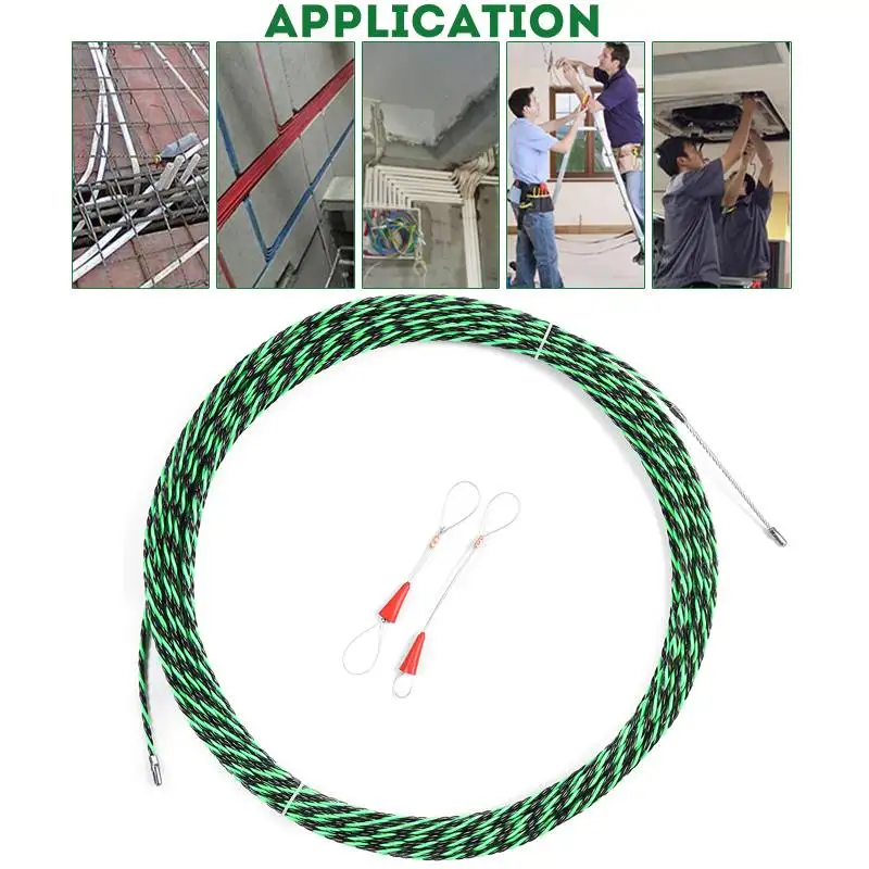 5-30M 5mm Green Guide Device Fiberglass Electric Cable Push Pullers Duct Snakes Fish Tape Wire + two Cable Tensioner