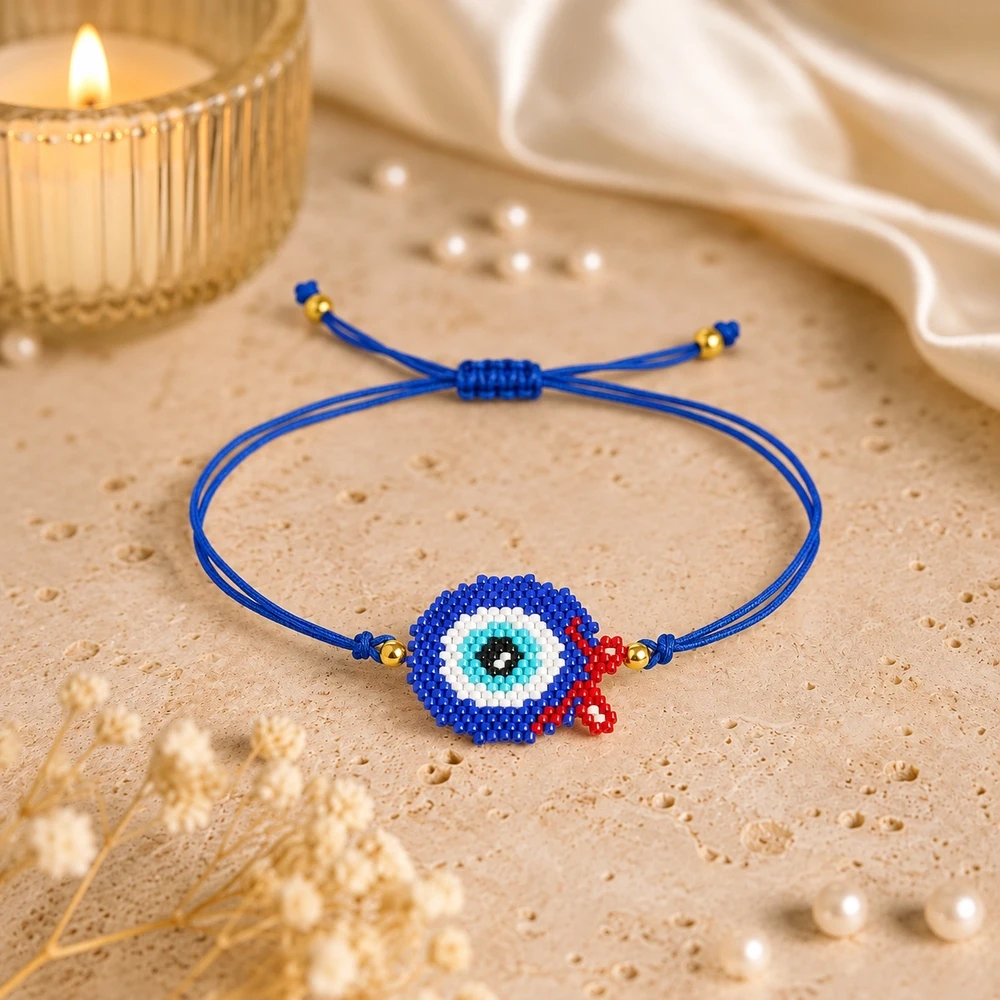 1pc Bohemian Blue Braided Cord Evil Eye Beaded Bracelet with Red Tassel and Golden Accents Lace-Up Adjustable for Women