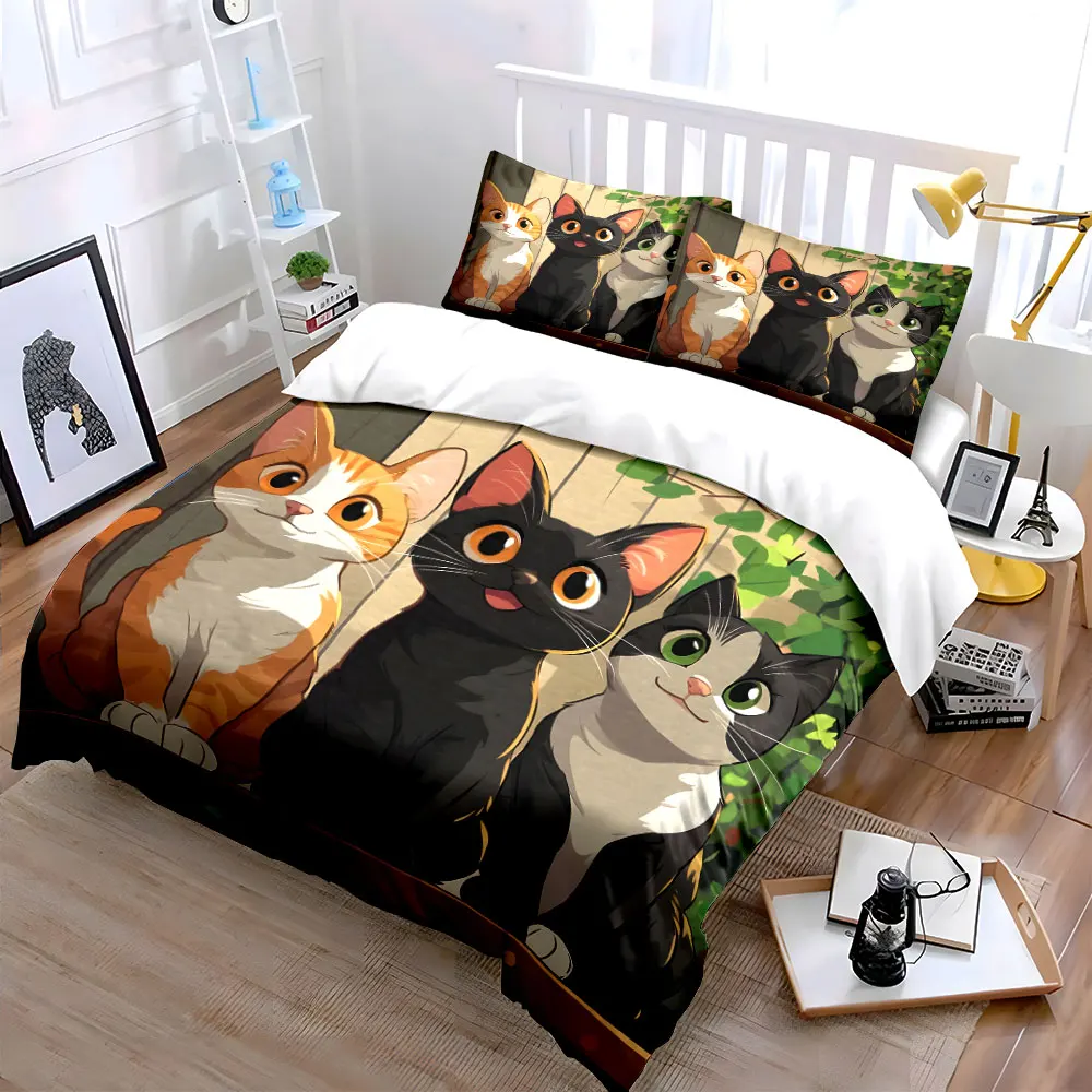 Three adorable colorful cats Bedding Set for Kids Luxury Gift 3pcs Digital Print Comforter Set Soft Comfortable Breathable