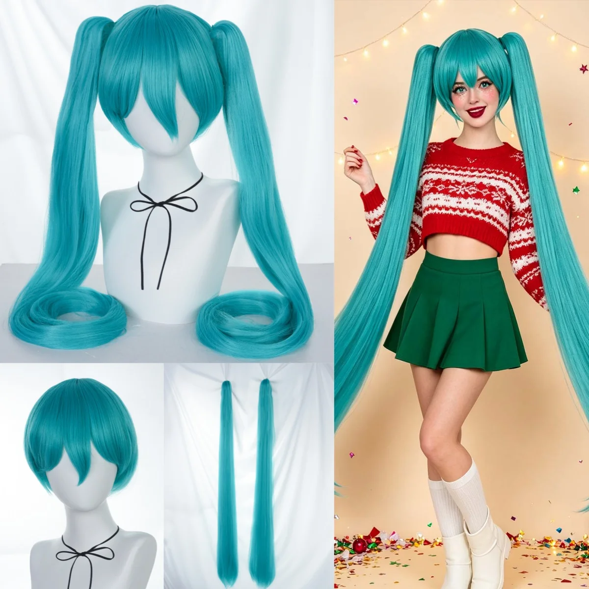 Teal Blue Twin Tails Cosplay Wig Long Straight Detachable Ponytail Synthetic Anime Wig For Halloween Party