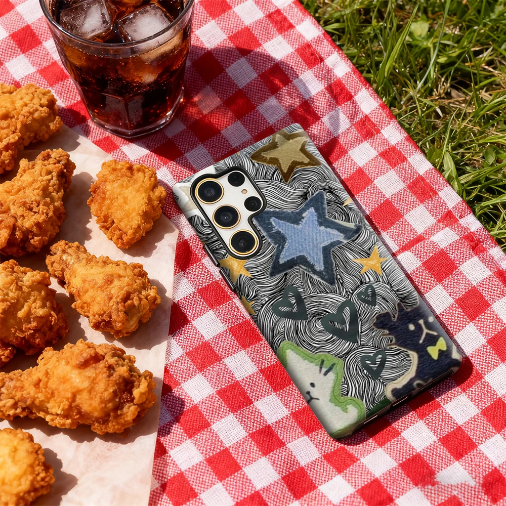 Vintage Whirl Cat Star Patchwork Phone Case for Samsung Galaxy S25 Ultra S24 S23 Ultra Plus Glossy Double-layer Back Cover