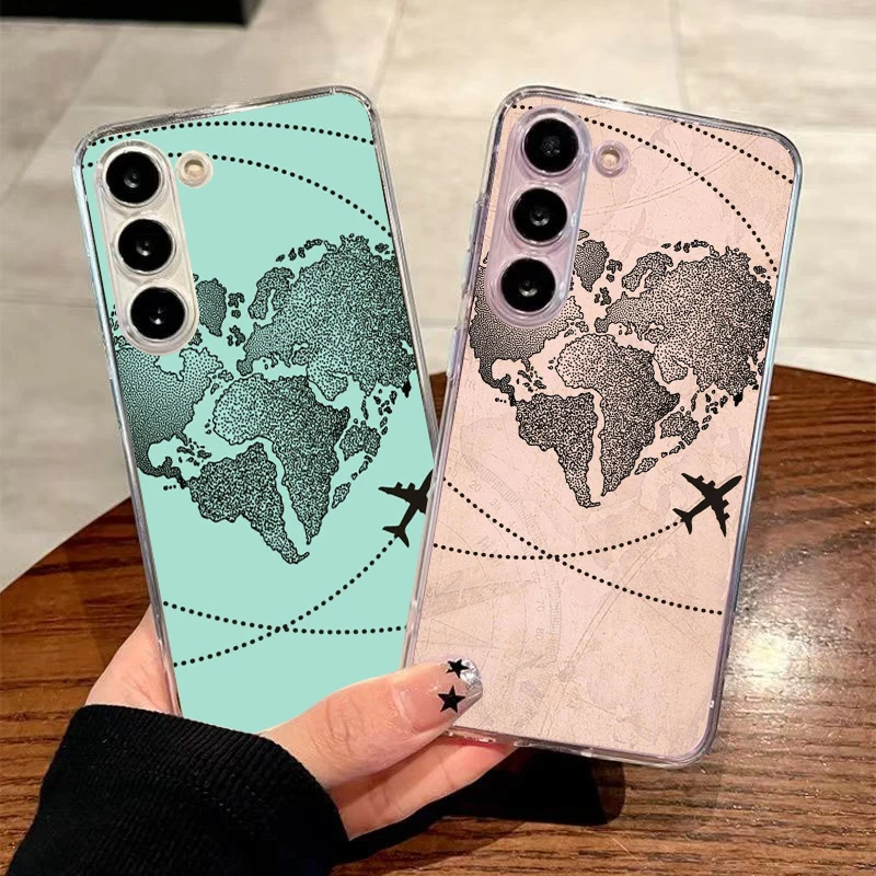 Transparent Phone Case for Samsung Galaxy A16 A14 A12 A22 A24 A37 A56 A57 A42 A30 A40 5G Soft TPU Travel-Inspired Airplane Route