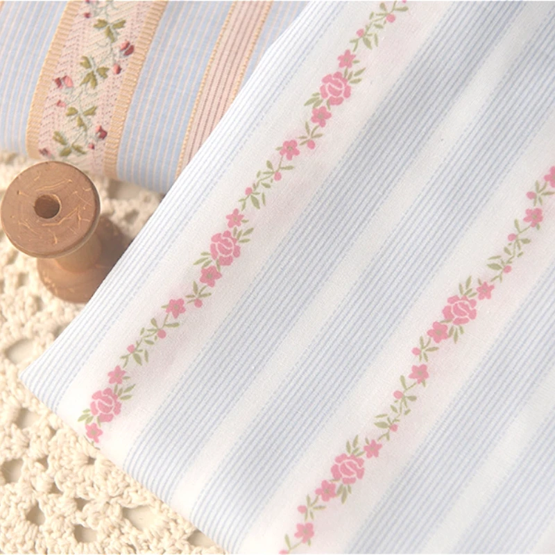 Tela de algodón y poliéster con pared rosa a rayas azules y blancas, 140x50cm, para vestidos, camisas, abrigos, ropa para niños, tela de costura