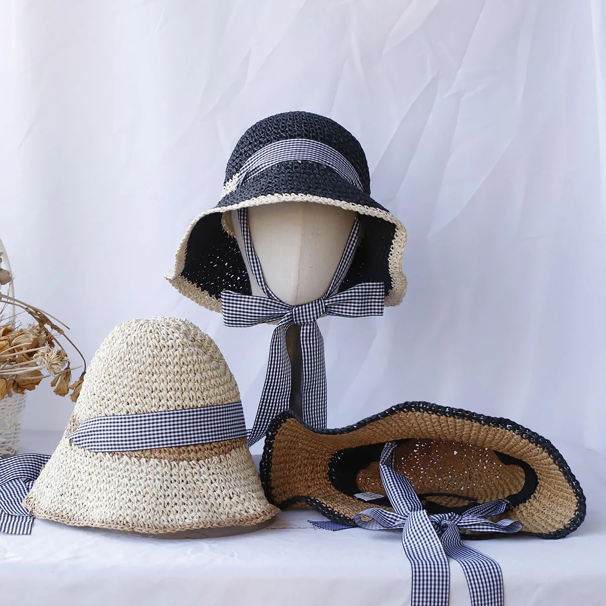 2024 Handmade crochet hat summer bow hat Sun visor women's summer panama Straw hats Women's beach hat Summer hat uv blocking hat