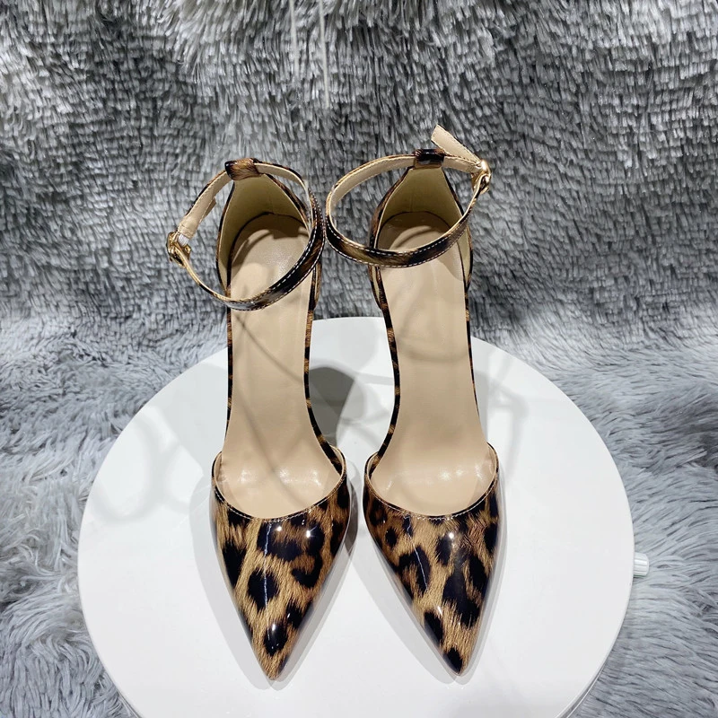 Tikicup Ankle Strap Women Leopard Pointy Toe High Heel Shoes Summer Sexy Ladies Fashion Party Dress Stiletto Pumps 120 100 80mm