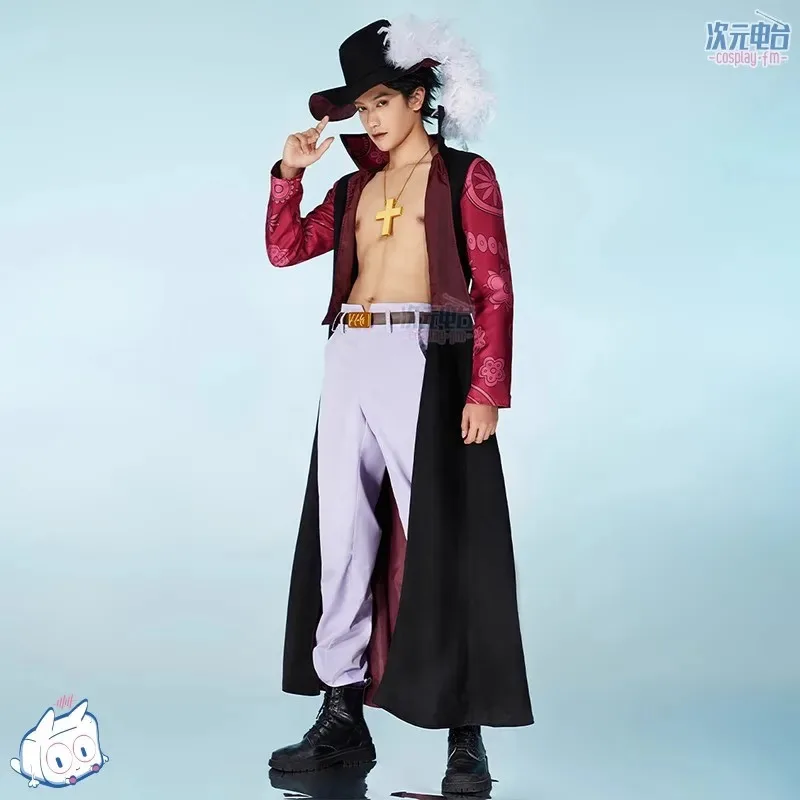 Anime Dracule Mihawk Cosplay Costume Cloak Trench Coat Pants Uniform With Hat Necklace Belt Halloween Carnival Party Clothe Prop