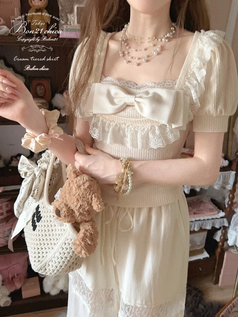 French Style Sweet Cute Short Sleeves Square Neck Top Shirt Ribbon Girl Doll Feel Bow Knitted Pullover Blouse Women's Clothing