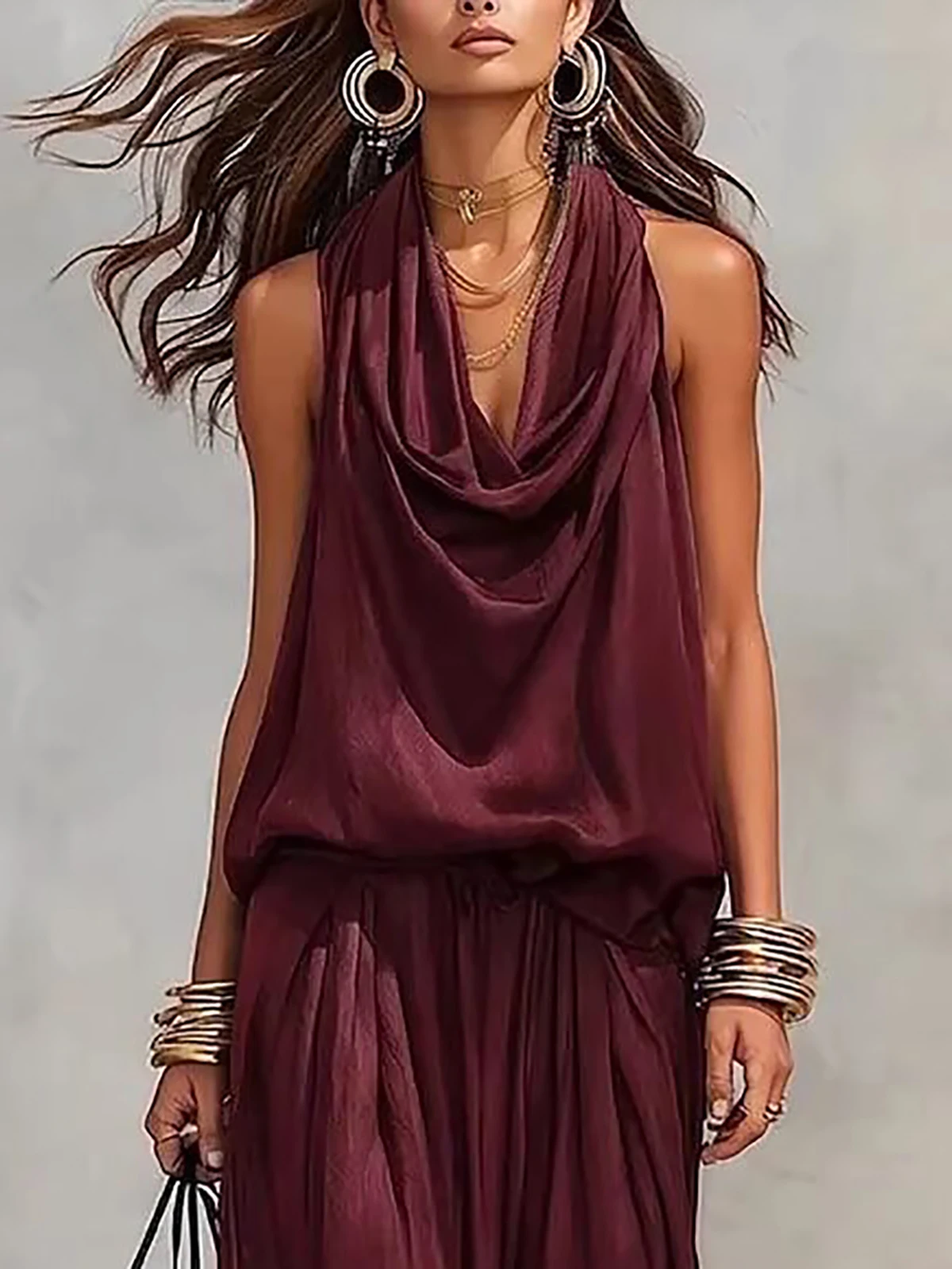 Damen Zweiteiliges Set mit Mehrschichtigem Neckholder-Oberteil und Weiter Hose - Einfarbiges Ärmelloses Sommer-Outfit – Detail 1