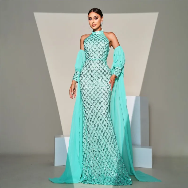 

EDGLuLu Off Shoulder Long Sleeved Birthday Dresses Luxury 2024 Elegant Backless Grid Sequin Glitter Green Long Evening Gown 0930