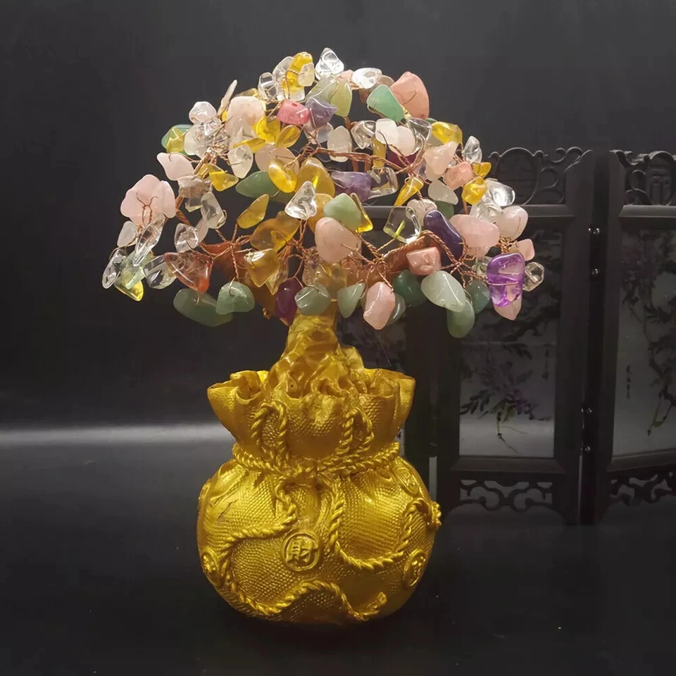 Money Wealth Bag Feng Shui Lucky Tree Natural Green Dongling Jade Crystal Gem Tree Crystal Tree