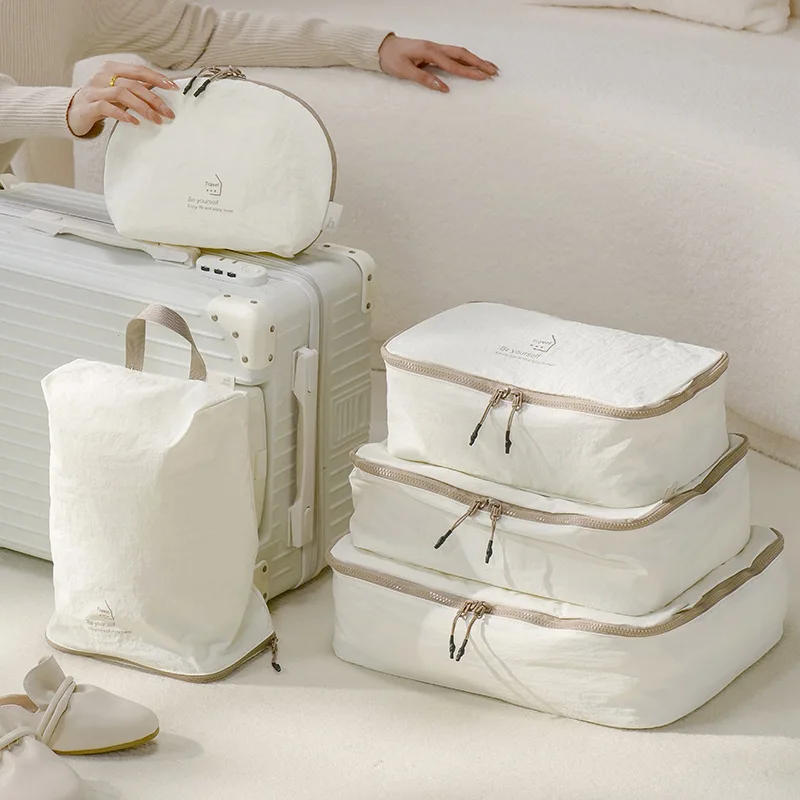 Set penyimpanan tas travel Taslon lima potong, tas sepatu, tas pakaian dalam, praktis untuk perjalanan, set penyimpanan koper, anti air