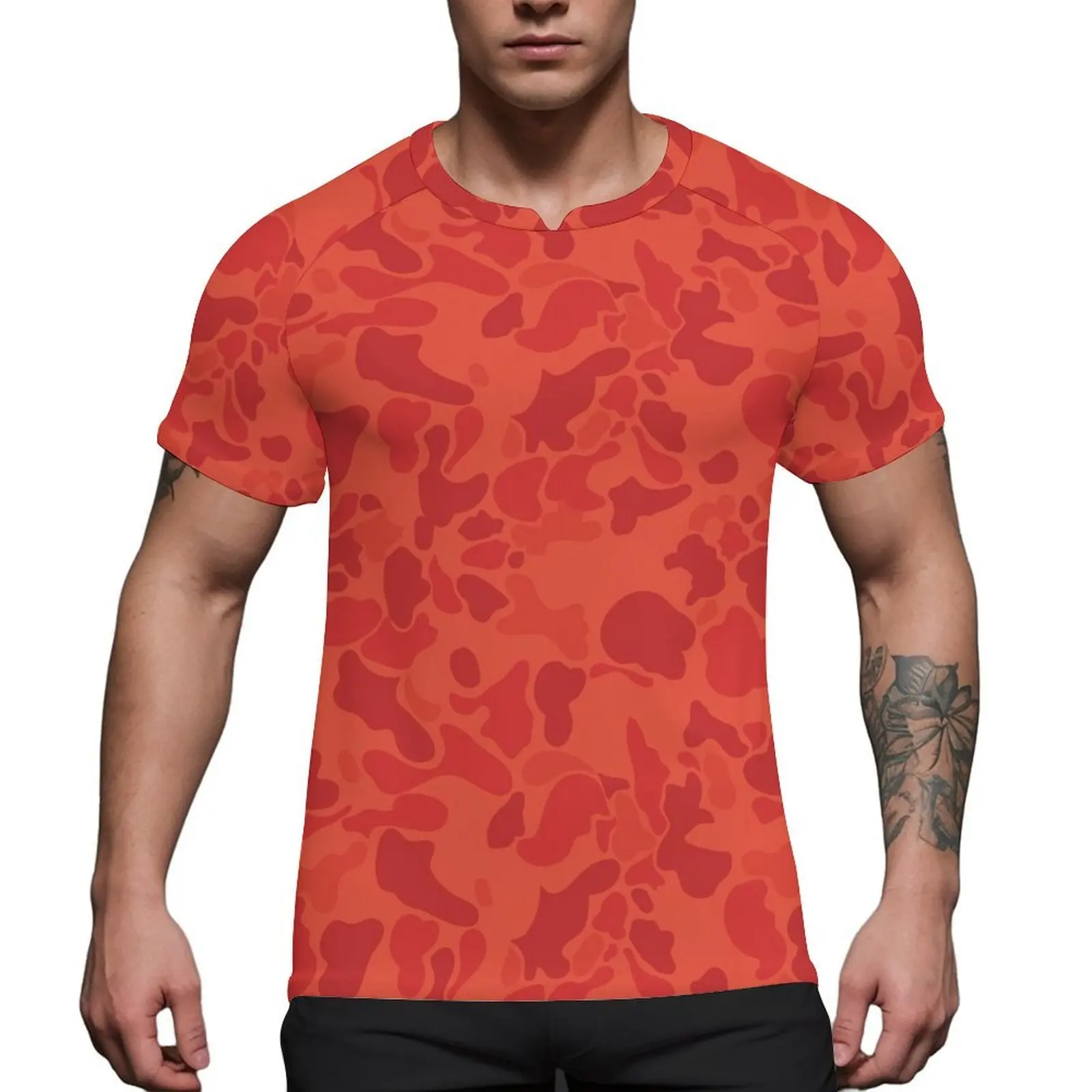 Factory Wholesale Custom Red Camo Print Men  T-Shirt Cloud Camo Casual Quick-Drying Badminton Short-Sleeved Shirt